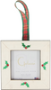 Ornament - White Burl w/ Green Holly & Red Crystal w/  Plaid Ribbon